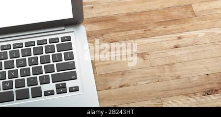 Gros ordinateur portable sur la table de dessus de bureau d'Un Homme D'Affaires avec Écran blanc Vide, rendu tridimensionnel Banque D'Images