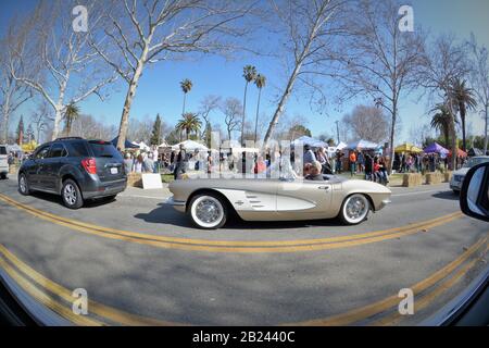 1962 Chevrolet Corvette sur la route 16, la route sans faire l'appoint lors d'une journée ensoleillée au festival d'Esparto, en Californie centrale, Almond Festival Banque D'Images