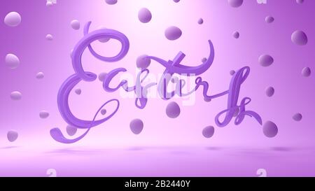 Joyeuses Pâques avec lettrage fond décoré par les oeufs. Illustration 3D réaliste Invitation carte de souhaits, ad, promotion, affiche, flyer, bannière web Banque D'Images