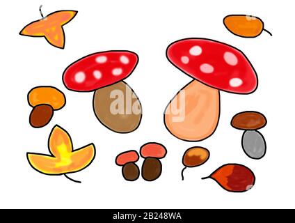 Illustration naïve, dessin pour enfants, divers champignons, Allemagne Banque D'Images