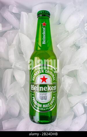 Calgary Alberta, Canada. 29 Févr. 2020. Une bouteille de bière Heineken sur un lit de glace Banque D'Images