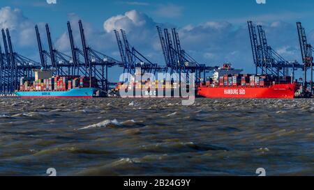 AP Moller Maersk Group Ships - Maersk Line, MSC & Hamburg Sud Containers navires amarrés au port de Felixstowe au Royaume-Uni pendant une tempête. N'importe quel port dans une tempête Banque D'Images