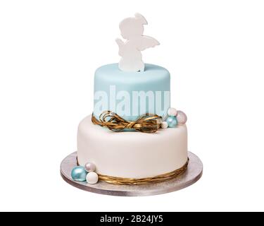 Élégant gâteau superposé pour le baptême avec l'ange Banque D'Images