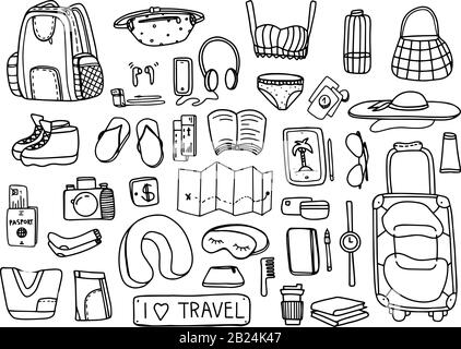 Grand jeu de bouées de voyage tracées à la main. Illustration vectorielle. Tourisme et croquis d'été avec des éléments de voyage : bikini, lunettes de soleil, appareil photo, cocktail, billet Illustration de Vecteur