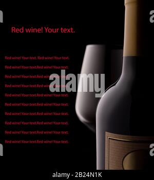 Vin rouge conceptuel et verre, sur fond noir avec texte Banque D'Images