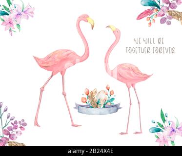 Oiseau tropical exotique rose flamango avec feuilles de palmier et plante fleur agave couleur d'eau dessinée à la main. Imprimez une affiche d'illustration de fleurs tendance avec le journal Banque D'Images