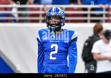 St Louis, États-Unis. 29 février 2020. 29 févr. 2020: Le grand receveur des Battlehawks de Saint-Louis l'Amian Washington (2) dans un match où les Dragons de Seattle ont visité les Battlehawks de Saint-Louis. Tenue Au Dome Du Centre Américain De St. Credit: Cal Sport Media/Alay Live News Banque D'Images