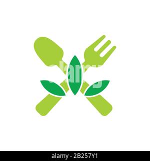 cuillère fourche feuille organique de nourriture naturelle symbole logo Illustration de Vecteur