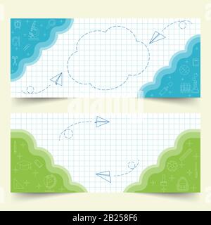 Bannières scolaires sur papier blanc avec école , éléments de classe, articles de papeterie et avions en papier dans le style d'art de ligne Illustration de Vecteur