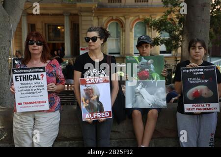 Sydney, Australie. 1er Mars 2020. Parti de la justice animale le sénateur de Nouvelle-Galles du Sud Emma Hurst et les Save Animals in Laboratories de Sydney ont organisé un rassemblement à l'extérieur de l'hôpital Royal Prince Alfred pour protester contre l'utilisation des animaux dans l'expérimentation médicale, suite à la tentative d'évasion de trois babouons à RPAH. Crédit: Richard Milnes/Alay Live News Banque D'Images