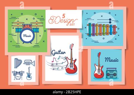 cinq dessins d'instruments icônes de musique Illustration de Vecteur