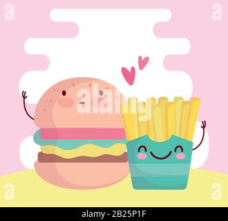 hamburger et frites menu personnage dessin animé nourriture mignon illustration vectorielle Illustration de Vecteur