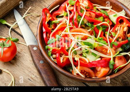 Salade de légumes de printemps avec pousses de tournesol.salade De légumes Frais sur plaque Banque D'Images