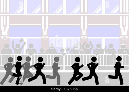 Les spectateurs accueillent les participants à l'événement de course longue distance. Illustration de Vecteur