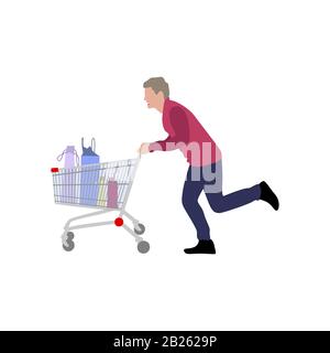 Homme avec panier complet du supermarché. Vector character run away hypermarket, personne avec pousscart après les achats, illustration gars avec basketful en ma Illustration de Vecteur