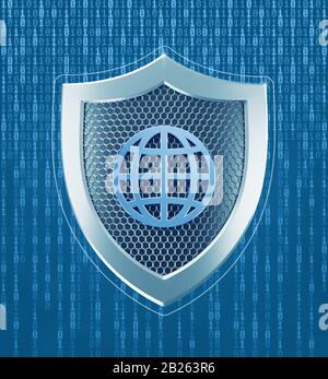 Sécurité Mondiale. Pictogramme d'un globe au blindage métallique sur fond de code binaire. Graphiques de rendu tridimensionnel sur le thème de « Cybersecurity ». Banque D'Images