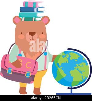 retour à l'école, livres d'ours globe map sac à dos dessin animé illustration vectorielle Illustration de Vecteur