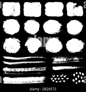 Peinture des coups de pinceau et taches de gringe isolées sur fond noir. Éléments de conception vectoriels blancs pour la texture du pinceau, le cadre, l'arrière-plan et la bannière. Illustration de Vecteur