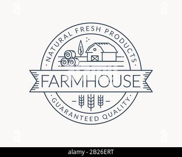 Logo de ferme isolé sur fond blanc. Emblème de la ligne noire avec ferme, oreilles de blé et balles de foin. Badge vectoriel pour produits naturels. Illustration de Vecteur