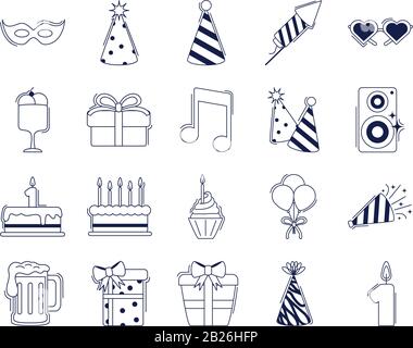 joyeux anniversaire, décoration événement fête fête fête fête icône set vectoriel illustration style ligne Illustration de Vecteur