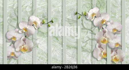papier peint en relief, orchidées blanches sur fond de marbre vert pâle. Banque D'Images