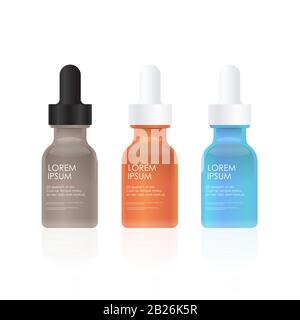 mettez des bouteilles en plastique colorées avec compte-gouttes huile cosmétique liquide essentiels collagène sérum réalistes paquets collection produits de beauté spa naturel cosmétologie emballage marque concept illustration vectorielle Illustration de Vecteur