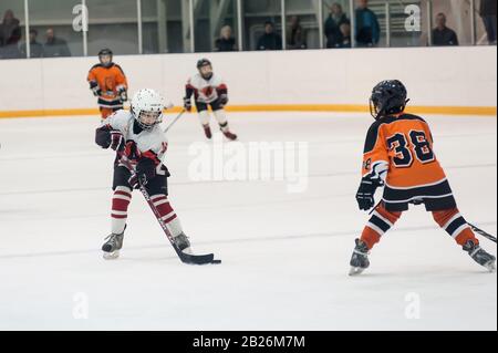 Tyumen, Russie - 14 avril 2013: Tournoi de hockey sur prix A. P. Vahrin parmi des équipes d'enfants jusqu'à 9 ans. Jeu entre le Spartakovetc Banque D'Images