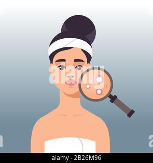 femme ayant des problèmes de peau du visage fille utilisant la loupe pour trouver l'acné sur la surface du visage portrait illustration vectorielle Illustration de Vecteur