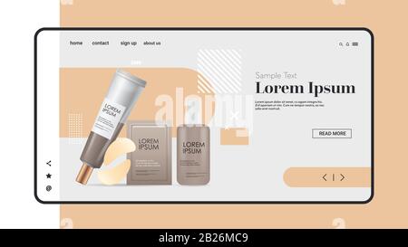 patchs oculaires sériques pour le visage ensemble d'emballages cosmétiques produits de beauté du visage cosmologie naturelle soins de la peau concept de traitement de la peau application mobile copie horizontale illustration vectorielle de l'espace Illustration de Vecteur