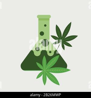 tube à essai d'huile de chanvre et cannabis médical ou de la marijuana laisse ganja légaliser la consommation de drogue science recherche concept illustration vectorielle Illustration de Vecteur