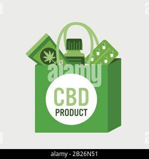 sac avec produits cbd cannabis médical ou marijuana ganja légaliser la consommation de drogue concept illustration vectorielle Illustration de Vecteur