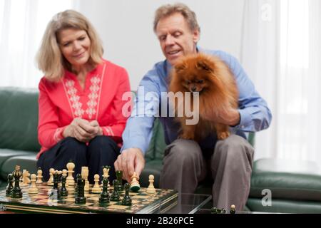 Couple souriant mûr jouant aux échecs dans un salon lumineux - se concentrer sur le chessboard au premier plan Banque D'Images
