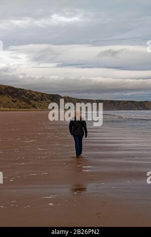 Une femme solitaire Walker marchant le long de la plage un jour humide en automne avec la marée dehors. Banque D'Images