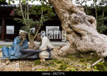 Hong Kong - 18 Janvier 2020 : Gros Plan De L'Arbre Miniature, Bonsai Avec Le Doll Chinois En Céramique À Chi Lin Nunnery, Kowloon, Vue Au Niveau Des Yeux Banque D'Images