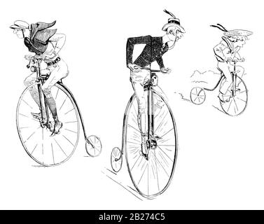 Humour et caricature français : cyclistes à roues hautes, deux hommes et un enfant qui font du vélo à roues hautes avec enthousiasme penny-farthing Banque D'Images