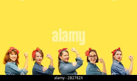 Les femmes avec un poing serré se balader leurs manches sur fond jaune, copier l'espace, hommage à l'icône Rosie Riveter. Concept de puissance pour fille. Journée des femmes. Banque D'Images