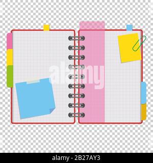 Ouvrez le bloc-notes en couleur sur les anneaux avec des feuilles vierges et des signets entre les pages. Illustration vectorielle plate simple isolée sur un arrière-plan transparent. Illustration de Vecteur