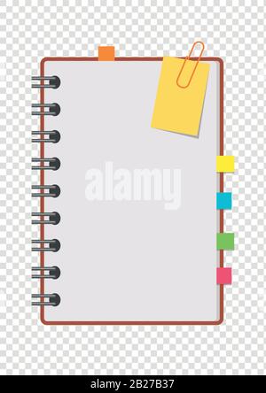 Un bloc-notes ouvert en demi-couleur sur le ressort avec des feuilles propres et des signets entre les pages. Illustration vectorielle plate simple isolée sur un transparent Illustration de Vecteur