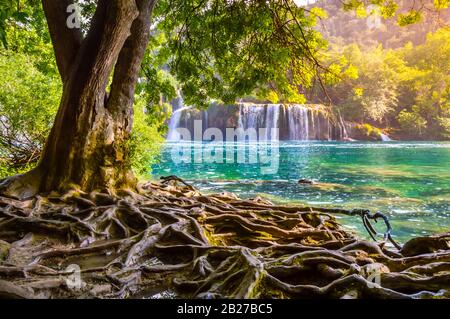 Magnifiques Chutes De Krka Dans Le Parc National De Krka, Croatie. Skradinski buk est la plus longue cascade de la rivière Krka avec eau turquoise claire et den Banque D'Images