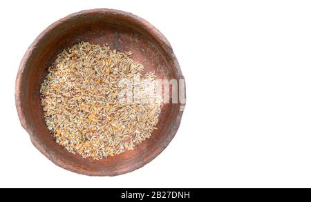 Plateau d'alimentation des oiseaux isolé sur le fond blanc avec chemin d'écrêtage. Banque D'Images