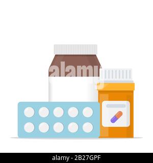 Médecine, concept de pharmacie. Flacons de médicaments, comprimés, capsules. Médicament, médicament, flacon en plastique avec pilules, jeu d'icônes illustration vectorielle Illustration de Vecteur