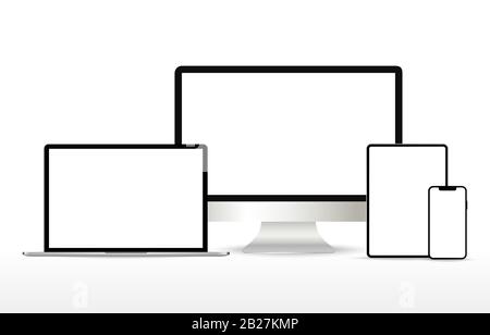 Ensemble réaliste de moniteurs, d'ordinateurs portables, de tablettes et de smartphones Illustration de Vecteur