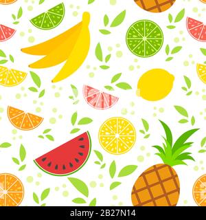 Motif coloré sans couture de fruits tropicaux appétissants sur un fond blanc. Illustration vectorielle plate simple. Pour la conception de papier peint, fabuleux Illustration de Vecteur