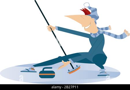 Un jeune homme souriant joue à l'illustration du curling. L'homme curling joueur avec brosse curling pousse une pierre vers une cible isolée sur blanc Illustration de Vecteur