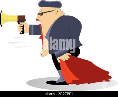 Le chasseur de taureaux de bande dessinée se déchiste à l'illustration du mégaphone. Crier au taureau avec le cap de Matador et le mégaphone isolé sur blanc Illustration de Vecteur