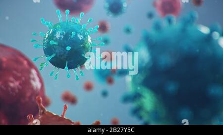 Un pathogène chinois appelé coronavirus ou Covid-19, comme type de grippe. Éclosion de coronavirus, cellules humaines, le virus infecte les cellules. Concept de Banque D'Images