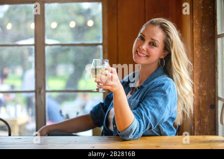 Femme tient une pinte de bière légère ou de cidre et de fromage, dans une belle brasserie ensoleillée de pub Banque D'Images