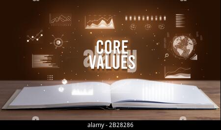 Les valeurs de base de l'inscription d'un livre ouvert, creative business concept Banque D'Images