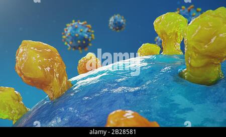 Éclosion de coronavirus, virus de la grippe et 2019-nCov. Concept de pandémie, épidémie pour les cellules humaines. COVID-19 sous le microscope, pathogène affectant Banque D'Images