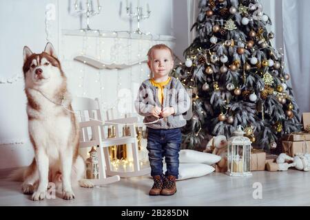 Famille avec chien dans un intérieur. Bonne mère enfants et animaux célébrant. Moments émotionnels. Joyeux noël et bonne nouvelle année concept. Espace pour Banque D'Images